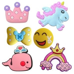 6ct Shoe Charms - Unicorn, Rainbow, Crown, Bow, Heart Whale, Smiley Face Emoji